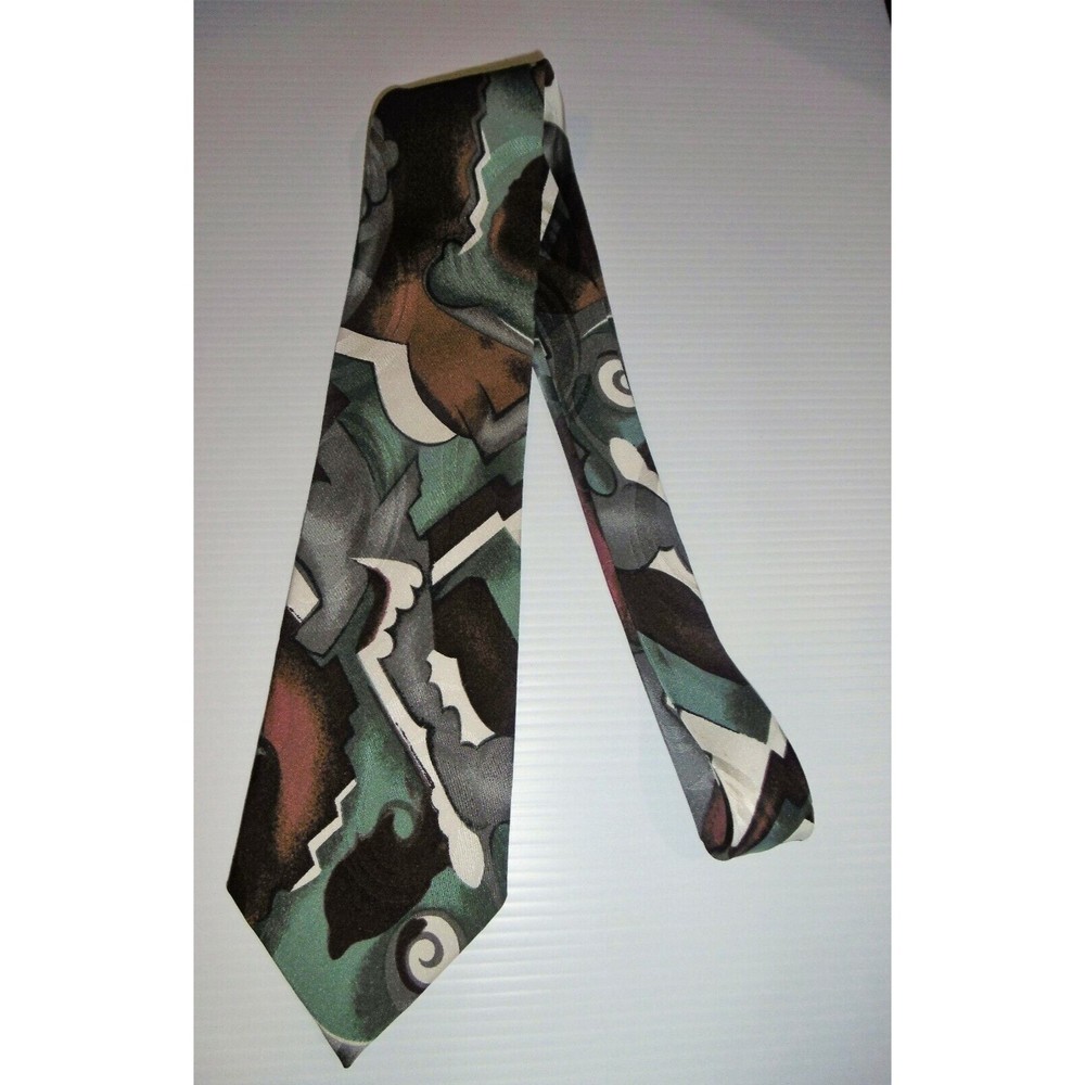 Cellini Collection Abstract Green Gray Maroon White Colors Silk Tie